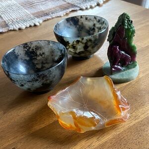 Chinese Serpentine Bowls with Carnelian Dish and Ruby Zoisite Carving